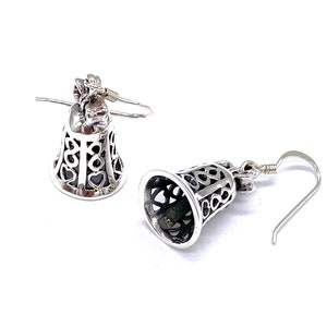 925 Sterling Silver Bell Drop Dangle Earrings, Real Bell Sound
