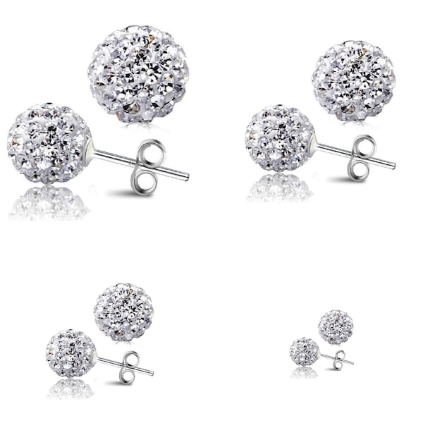 Shamballa Crystal Glitter Bling Ball Stud Earrings, in Size 4, 5, 6 or 8 mm Diameter 925 Sterling Silver