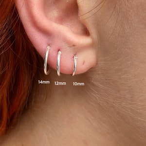 925 Sterling Silver, Small and Thin 3 Pairs of Sleeper HOOP Earrings 14 mm, 12 mm & 10 mm Diameter image 2