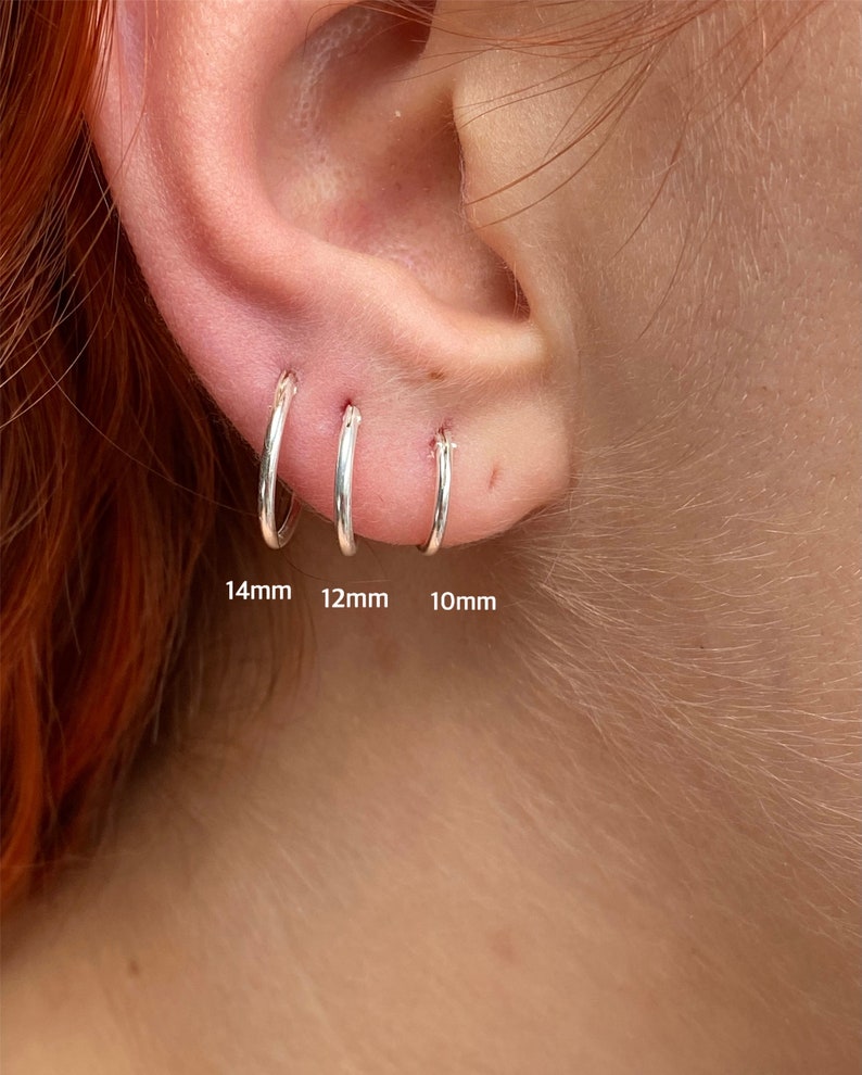 925 Sterling Silver, Small and Thin 3 Pairs of Sleeper HOOP Earrings 14 mm, 12 mm & 10 mm Diameter image 2