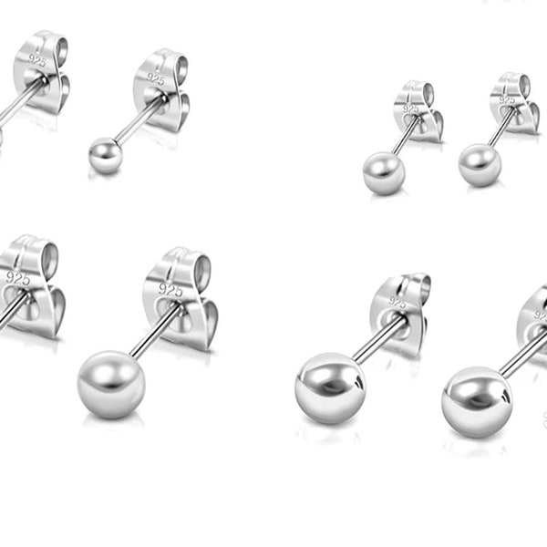 Orecchini a bottone BALL in argento sterling 925 da piccoli a grandi lucidati di dimensioni 2, 3, 4 e 5 mm di diametro