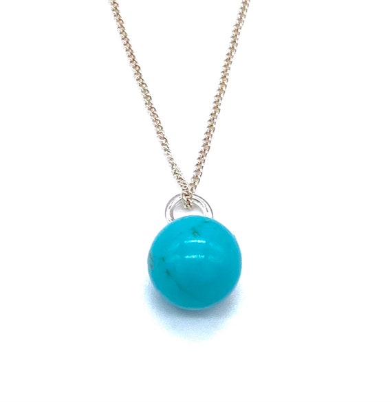 925 Sterling Silver Blue Turquoise Ball Pendant Charm Necklace