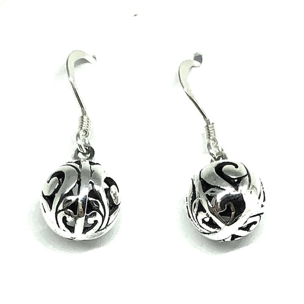 925 Sterling Silver Filigree Celtic Design Ball Drop Dangle Earrings 10 mm Diameter