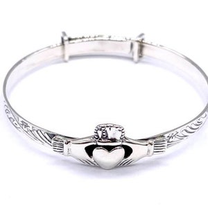 925 Sterling Silver Claddagh Expandable Christening Bangle Bracelet for Child Baby image 1