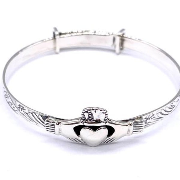 925 Sterling Silver Claddagh Heart Expandable Bangle Bracelet