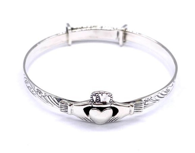 925 Sterling Silver Claddagh Expandable Christening Bangle Bracelet for Child Baby image 1