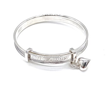 925 Sterling Silver Child, Baby Christening Bangle Bracelet Little Angel Engraved and Heart Charm on It