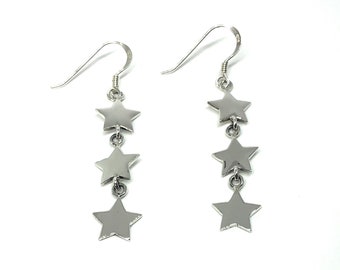 925 Sterling Silver 50 mm Long Drop Dangle 3 Stars Earrings