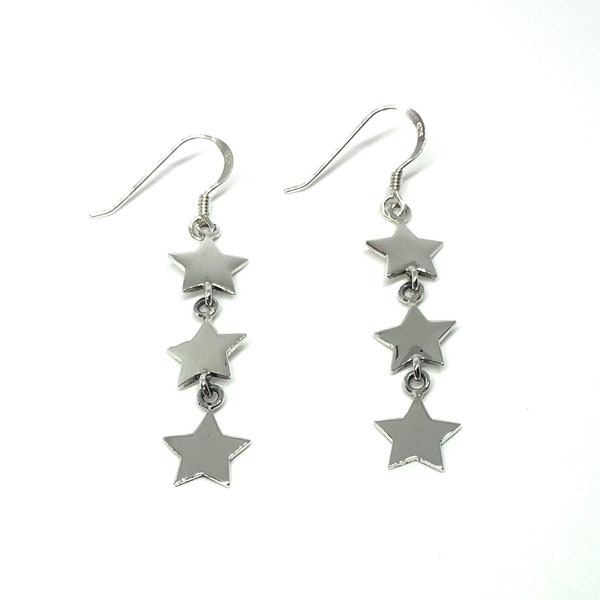 925 Sterling Silver 50 mm Long Drop Dangle 3 Stars Earrings
