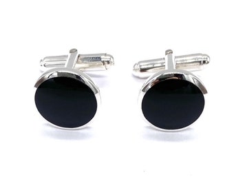 Boutons de manchette ronds en argent sterling 925 avec pierre d'onyx noir