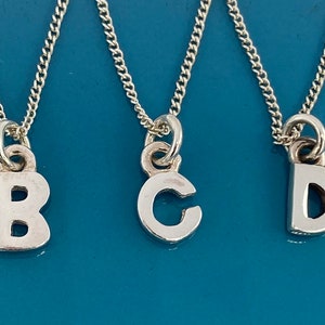 K&ouml;nnte beinhalten: F&uuml;nf silberfarbene Halsketten mit Initialen, jede mit einem anderen Buchstaben: A, B, C, D und E. Die Buchstaben sind in einer einfachen, blockartigen Schriftart gehalten und h&auml;ngen an zarten Silberketten. Der Hintergrund ist einfarbig mittelblau.