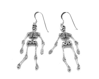 925 Sterling Silver Skeleton Skull Drop Earrings Whole Body Gothic Movable Body Parts