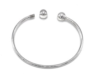 Charm Torque Bangle Bracelet 925 Sterling Silver Solid Screw End Open, Circumference of Bangle 20 cm and 2.5 mm Thick