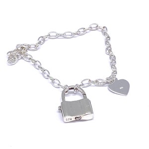 925 STERLING SILVER Heart Padlock Charm Cable Chain Bracelet 7.5" / 19 cm Long