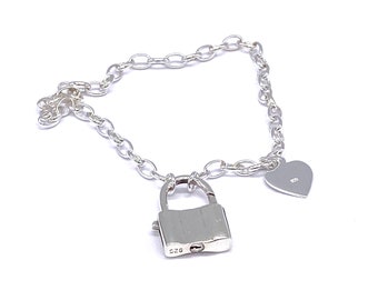 925 STERLING SILVER Heart Padlock Charm Cable Chain Bracelet 7.5" / 19 cm Long