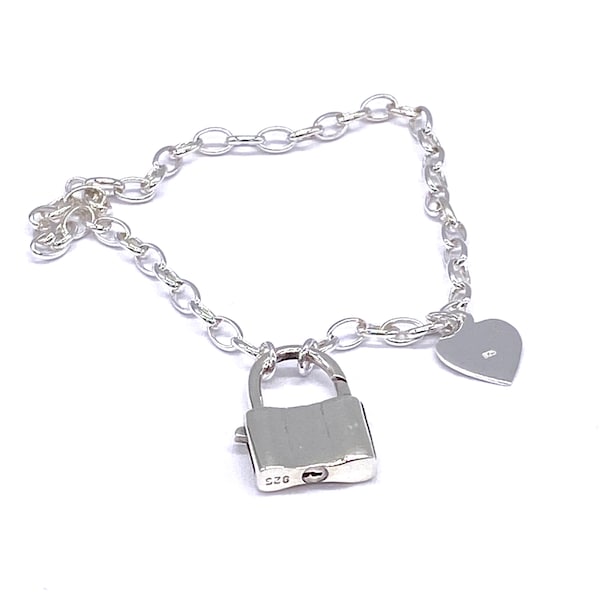 925 STERLING SILVER Heart Padlock Charm Cable Chain Bracelet 7.5" / 19 cm Long