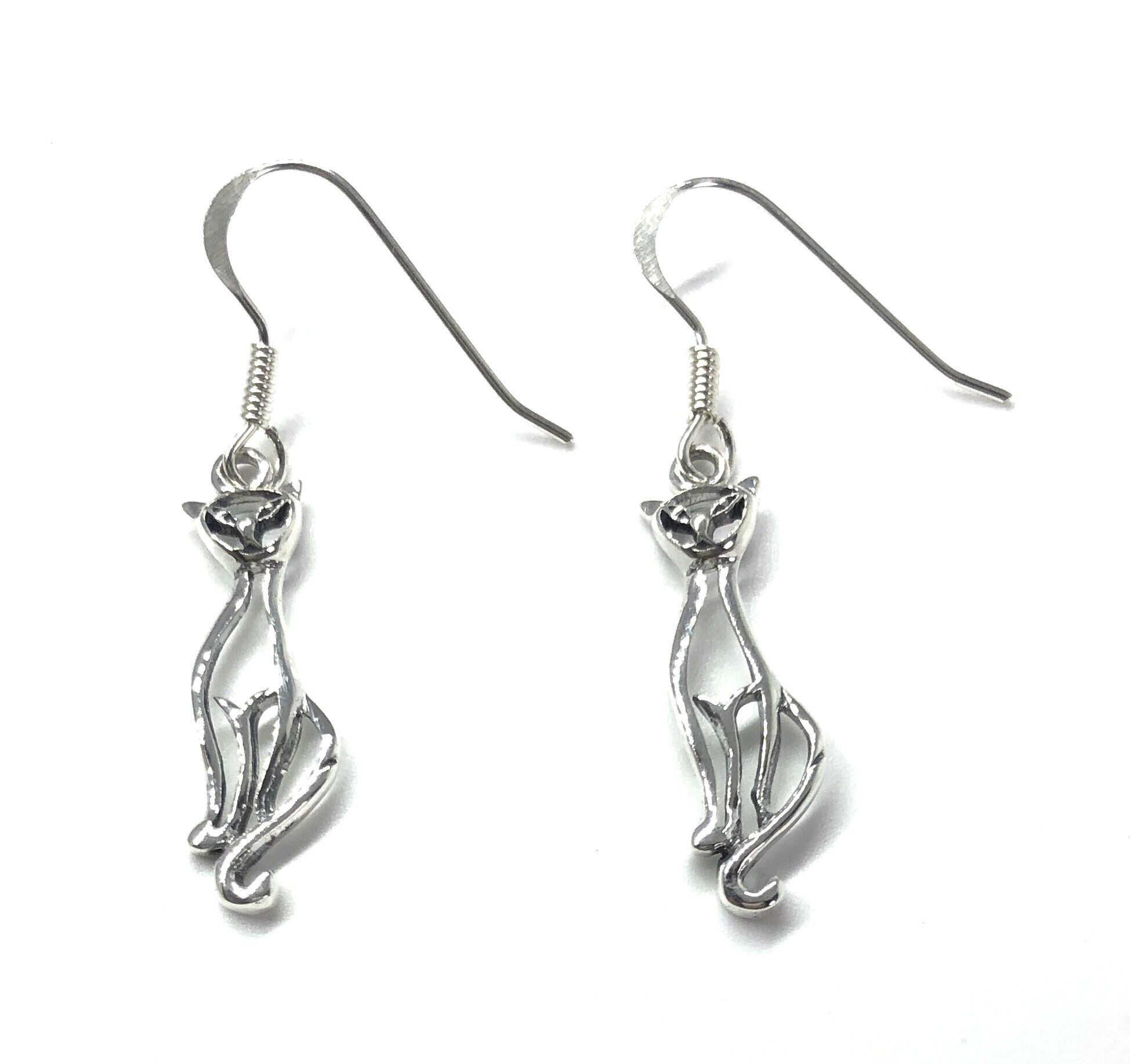 Handmade Silver Plated Cat Drop Earrings 925 Silver Wires