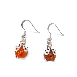 Lieveheersbeestje Ladybird Drop Bungelt oorbellen Echte Amber & 925 Sterling Zilver