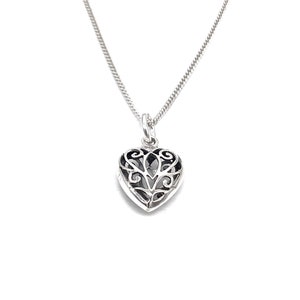 925 Sterling Silver Celtic Filigree Heart Puffy Pendant Charm Necklace on Silver Curb Chain or Without Chain