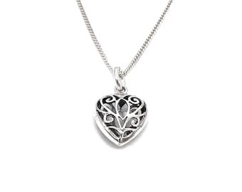 Sterling Silver Celtic Filigree Heart Pendant Necklace: With Silver Curb Chain Options