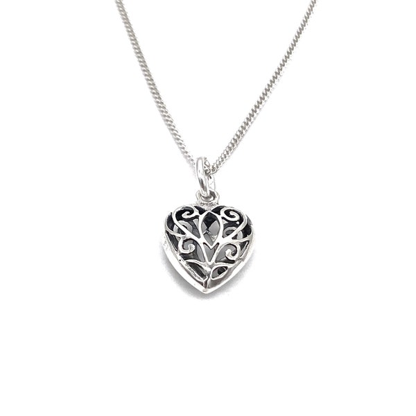 Celtic Filigree Heart Puffed Pendentif Charme Collier 925 Argent Sterling sur Silver Curb Chain ou Sans Chaîne