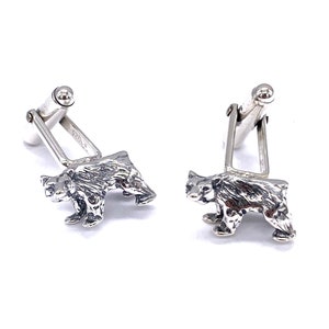 925 Solid Sterling Silver Animal Bear Swivel T Bar Bullet Back Cufflinks