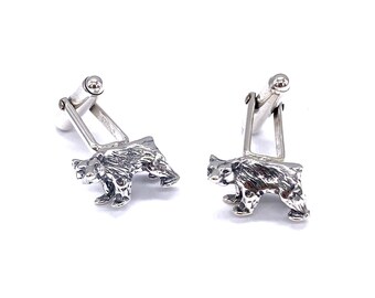 925 Solid Sterling Silver Animal Bear Swivel T Bar Link Cufflinks