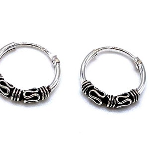 925 Sterling Silver Bali Balinese Sleeper Hinged Hoop Earrings Click Lock Snap Closure