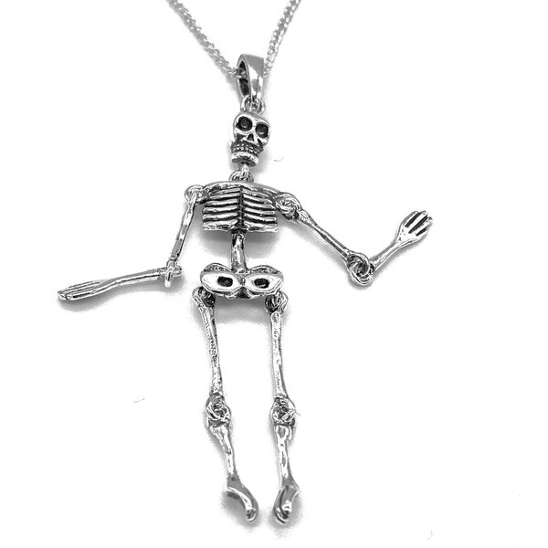 Pendentif à breloque squelette gothique en argent sterling 925 bras mobiles jambes sur chaîne gourmette en argent de 16, 18 ou 20 "