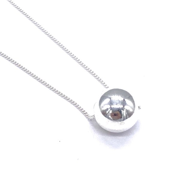 925 Sterling Silver Floating Ball Necklace Pendant 10mm Diameter on 16", 18" or 20" Sterling Silver Curb Chain