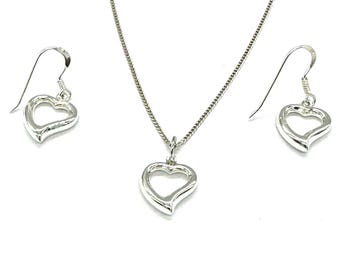 Sterling Silver Open Heart Jewelry Set: Pendant Necklace & Dangle Earrings