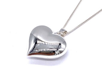 925 Sterling Silver Puffed Big Heart Pendant Charm 25 mm Diameter on 16, 18 or 20" Silver Curb Chain