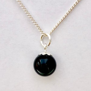 925 Sterling Silver Black Onyx Stone Ball Charm, Pendant With or Without Silver Curb Chain