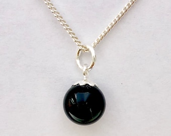 Sterling Silver Black Onyx Ball Pendant Necklace With Silver Curb Chain Option