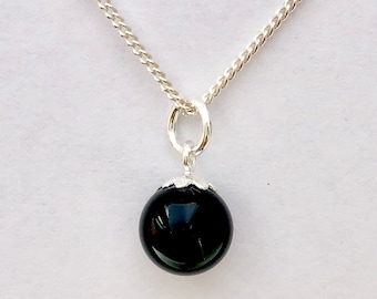 925 Sterling Silver Black Onyx Stone Ball Charm, Pendant With or Without Silver Curb Chain