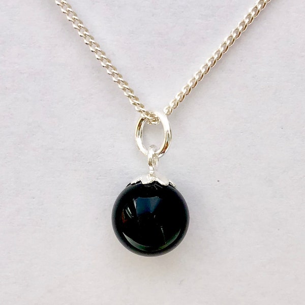 925 Sterling Silver Black Onyx Stone Ball Charm, Pendentif Avec ou Sans Chaîne de Bordure Argent