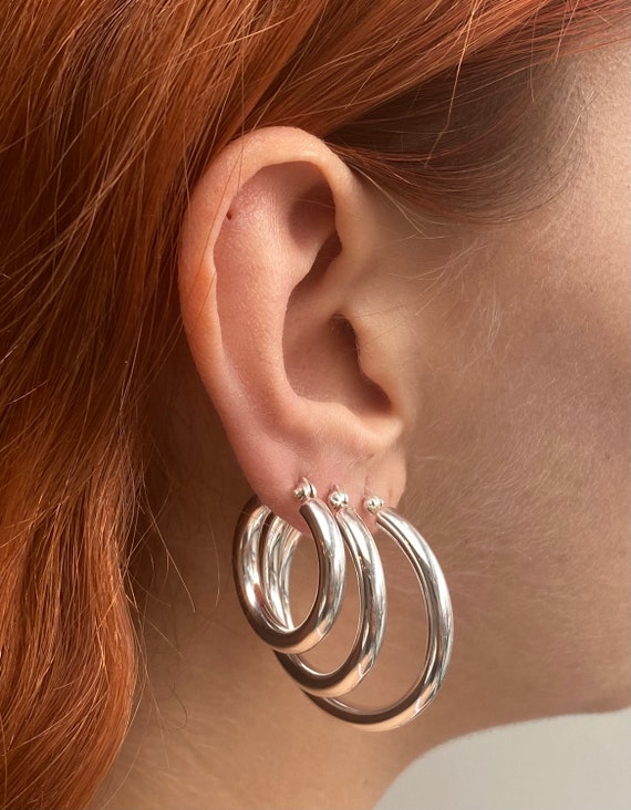 925 Sterling Silver Chunky Hoop Earrings 4 Mm Thick, 16, 18