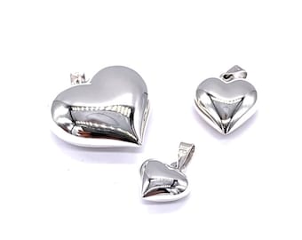 925 Sterling Silver Puffy Heart Pendant Charm on Sterling Silver Curb Chain
