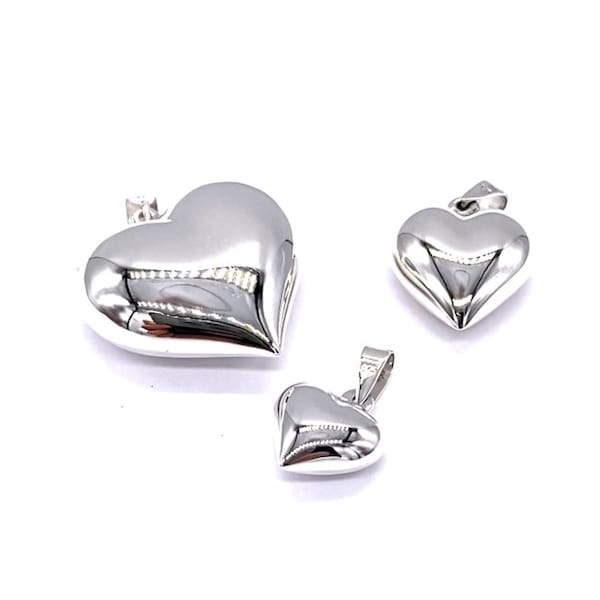 925 Sterling Silver Puffy Heart Pendant Charm on Sterling Silver Curb Chain