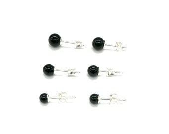 925 Sterling Silver Genuine Onyx Ball Stud Earrings 4, 5 and 6 mm Diameter