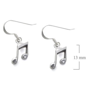 May include: Silver musical note earrings with a hook fastening. The earrings are 13 mm long.