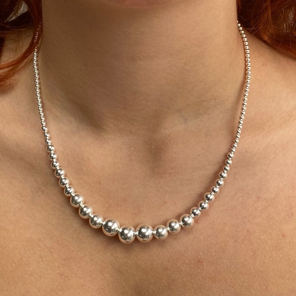 Collier de chaîne de perles en argent sterling 925, composé de boules d’argent de 3, 4, 5, 6, 8 et 10 mm