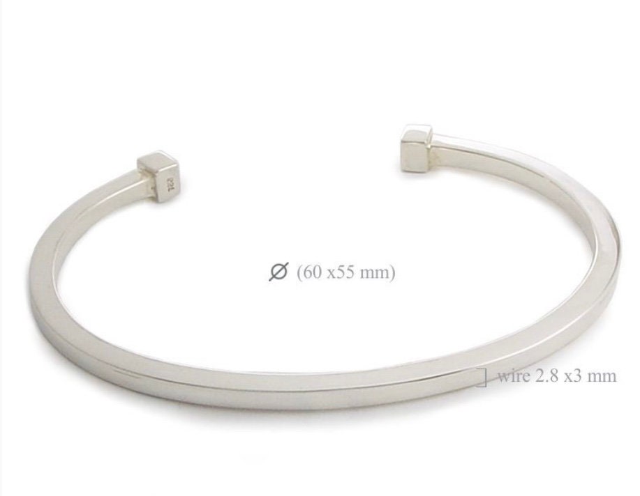 925 Sterling Silver Square Tube Torque Cuff Bangle Bracelet