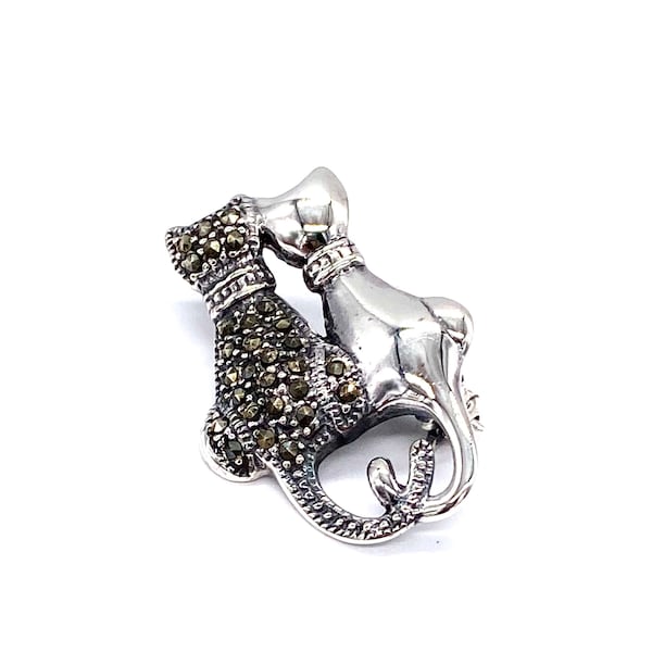 925 Argent Sterling MARCASITE Pierres Noir et Blanc Deux Chats Chatons Broche