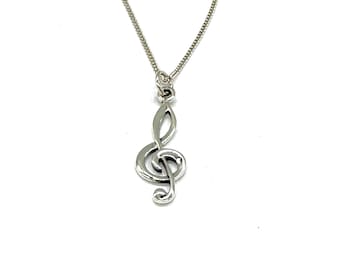 Sterling Silver Treble Clef Music Pendant Necklace With Silver Curb Chain Option