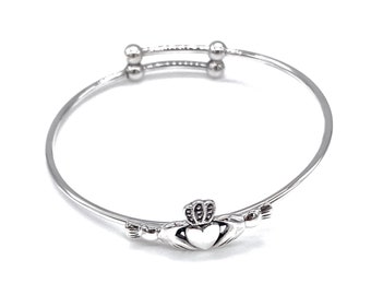 925 Sterling Silver Claddagh Heart Expandable Bangle Bracelet