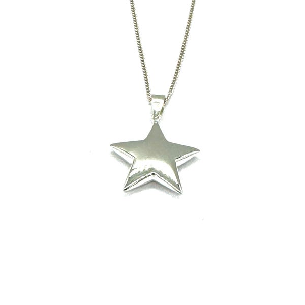 Sterling Silver Small to Big Puffy Star Pendant Necklace With Silver Curb Chain Option