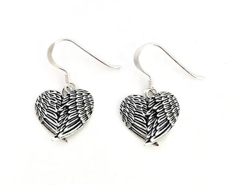 Boucles d'oreilles pendantes en forme d'ailes d'ange en forme de coeur en argent sterling 925