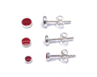 925 Sterling Silver Small RED Coral Button Ball Stud Earrings in Size 3, 4 and 5 mm Diameter