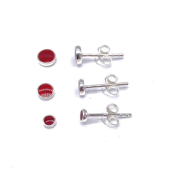 Sterling Silver Red Coral Small Button Stud Earrings: 3, 4, 5mm